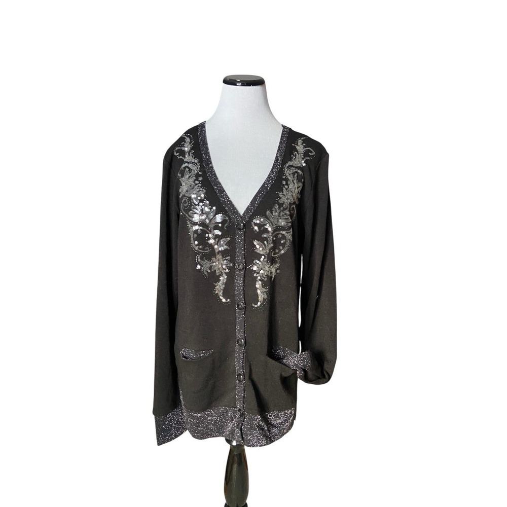 Y2K Miss Me Sequin‎ Embroidered Cardigan Sweater Size L Black McBling Soft Goth